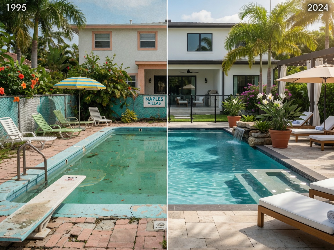 Before and after split image of a dated 1990s pool transformed into a modern resort-style pool in Naples Florida, realistic transformation