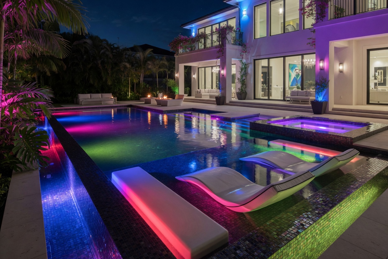 Nighttime view of a remodeled Naples pool with dramatic color-changing LED lighting reflecting on water, luxury home in background