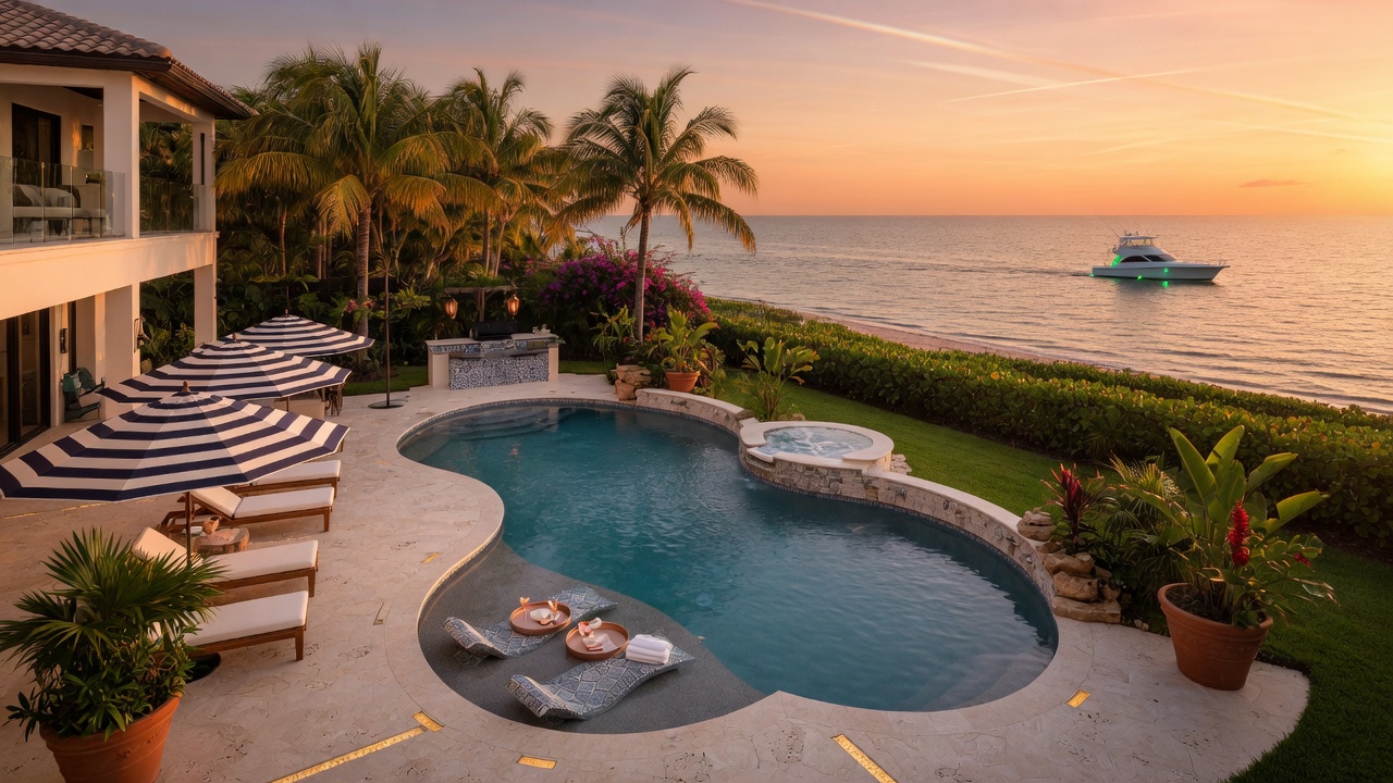 Ultra-realistic 8K aerial view of a luxurious custom gunite swimming pool in a Southwest Florida backyard with tropical landscaping, showing the Gulf of Mexico in the distance during golden hour, photorealistic detail