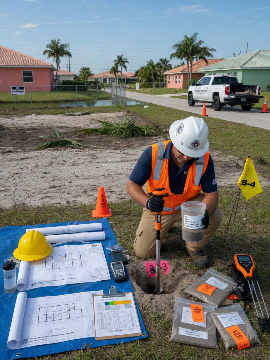Engineer taking soil samples on a residential lot in Cape Coral Florida, with blueprints and testing equipment visible, professional and realistic 8K image