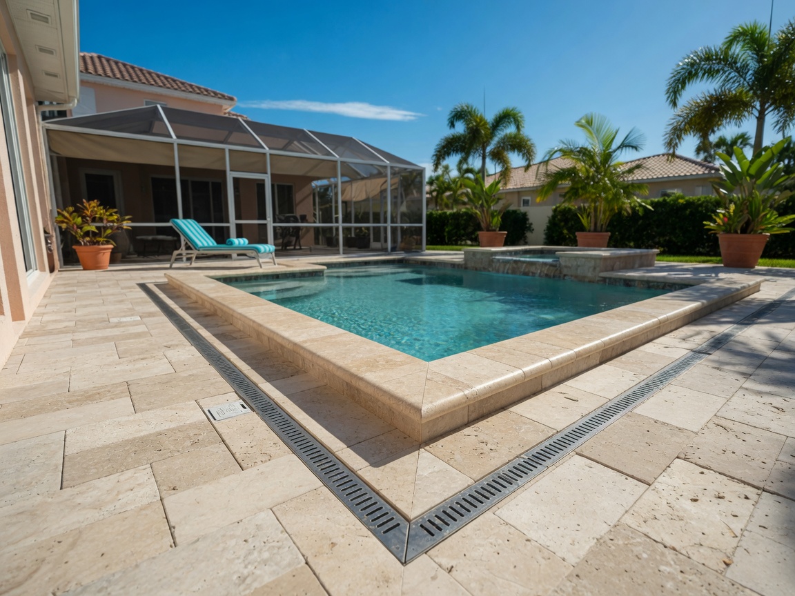 Beautiful custom pool deck with travertine pavers and coping in a Fort Myers backyard, showing proper drainage design, sunny day with clear blue sky, photorealistic 8K