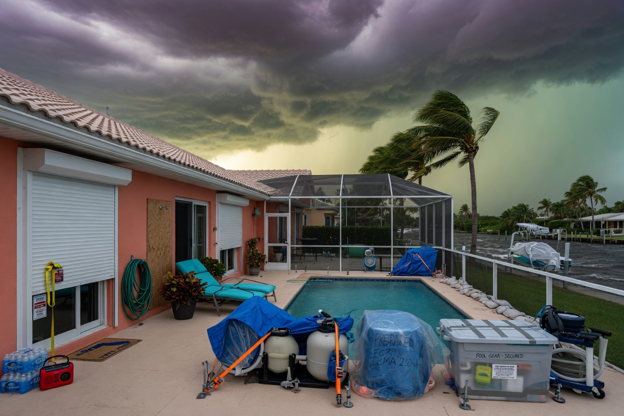 Hurricane preparation scene with pool equipment protected by storm shutters on a coastal SWFL property, dramatic sky with approaching storm, ultra-realistic 8K