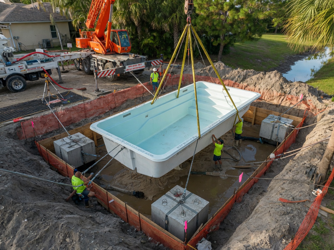 Fiberglass pool being lowered into an excavated site with additional concrete anchoring system for high water table conditions in Bonita Springs, construction photography style, 8K