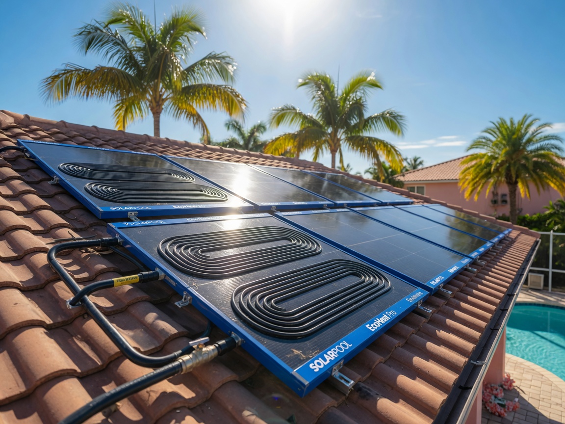 Energy efficient solar pool heating panels installed on a Southwest Florida rooftop with palm trees in background, bright sunny conditions, photorealistic 8K resolution