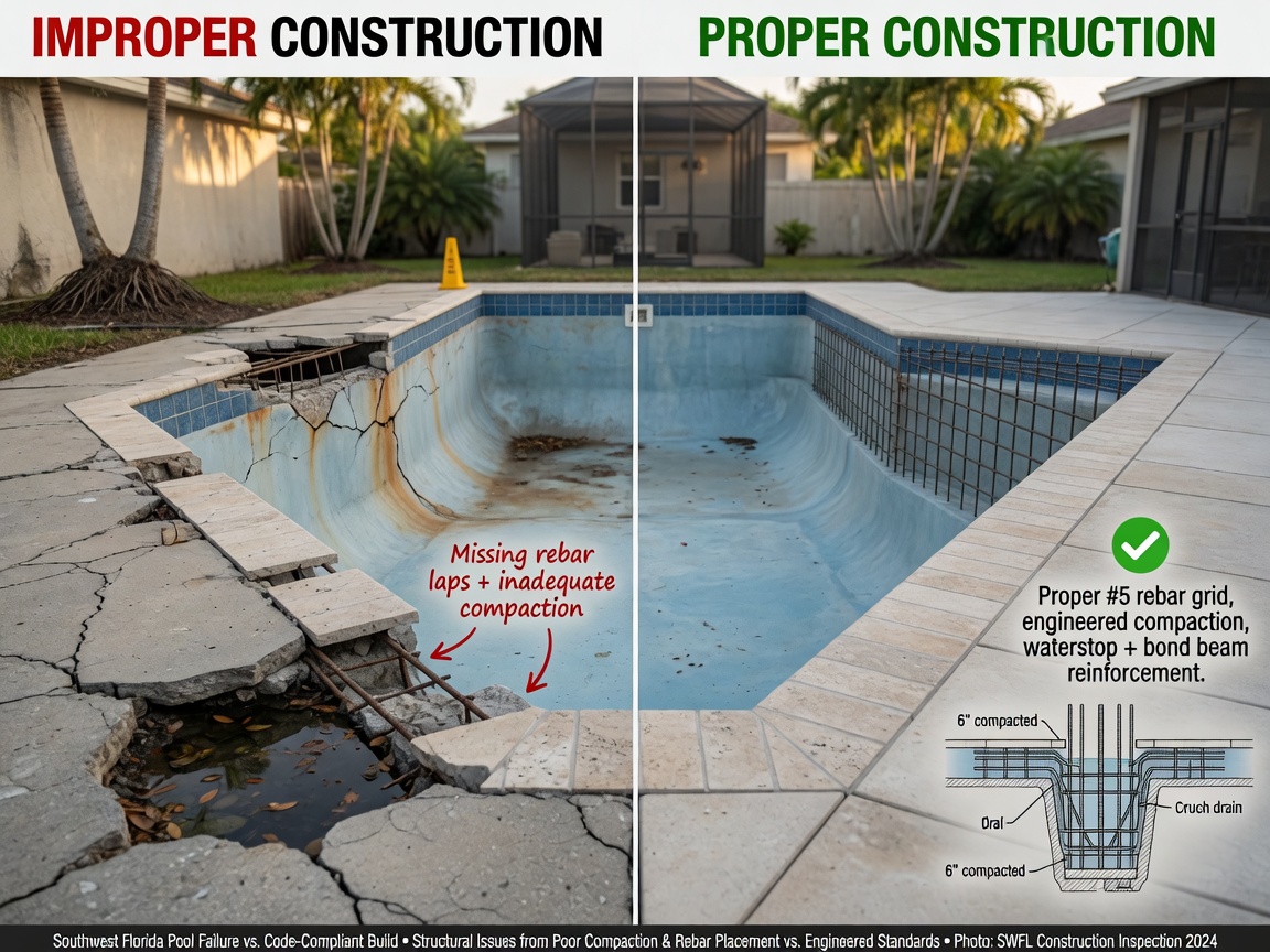 Before and after split screen showing proper vs improper SWFL pool construction with visible structural issues on one side and perfect installation on the other, educational style but photorealistic 8K