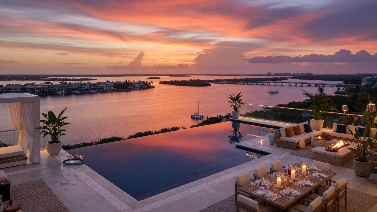 Stunning infinity edge pool overlooking a Southwest Florida bay at sunset, with dramatic lighting and luxurious outdoor entertaining space, ultra-realistic 8K masterpiece