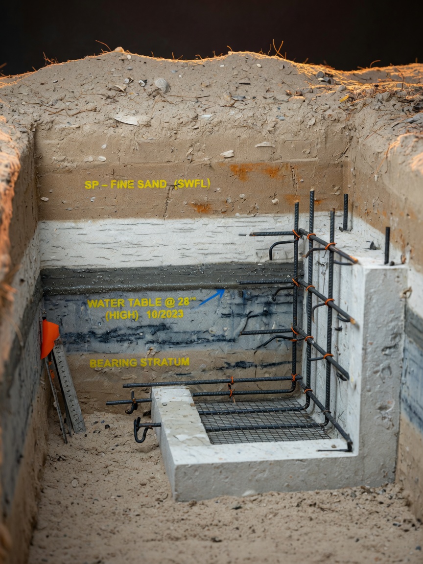 Close-up cross-section of SWFL sandy soil layers with high water table visualization, showing pool foundation engineering with rebar and concrete, technical diagram style but photorealistic, 8K resolution