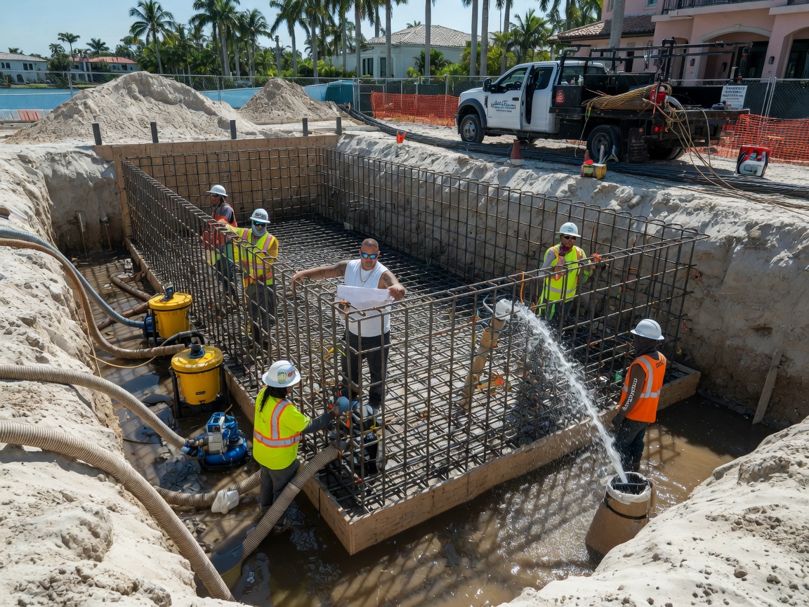 Professional pool construction crew installing reinforced rebar cage in a large excavation in Naples Florida, with dewatering pumps actively working, bright sunny day, ultra-realistic 8K