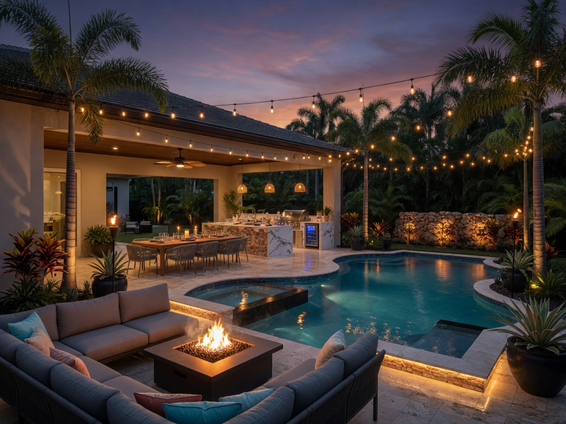 Modern Southwest Florida backyard with freeform gunite pool, covered lanai, summer kitchen and outdoor living area, realistic evening lighting with fire features, 8K photorealistic
