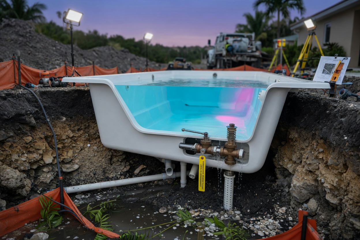 High water table challenge visualization showing pool shell with hydrostatic pressure relief valves being installed, cutaway view of underground conditions in SWFL, technical yet realistic 8K image