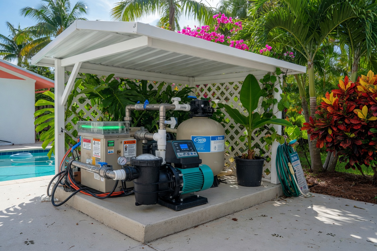 Variable speed pool pump and filtration equipment installed in a weather-protected equipment pad in a Florida backyard, surrounded by tropical plants, bright daylight, ultra-detailed 8K