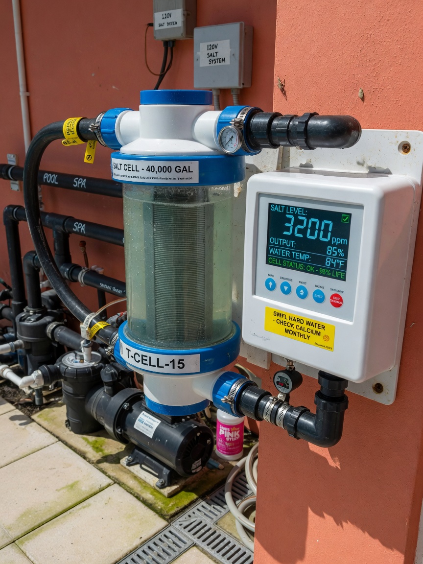 Saltwater chlorination system close-up showing cell and control panel with digital display, professional installation in a SWFL pool equipment area, photorealistic 8K