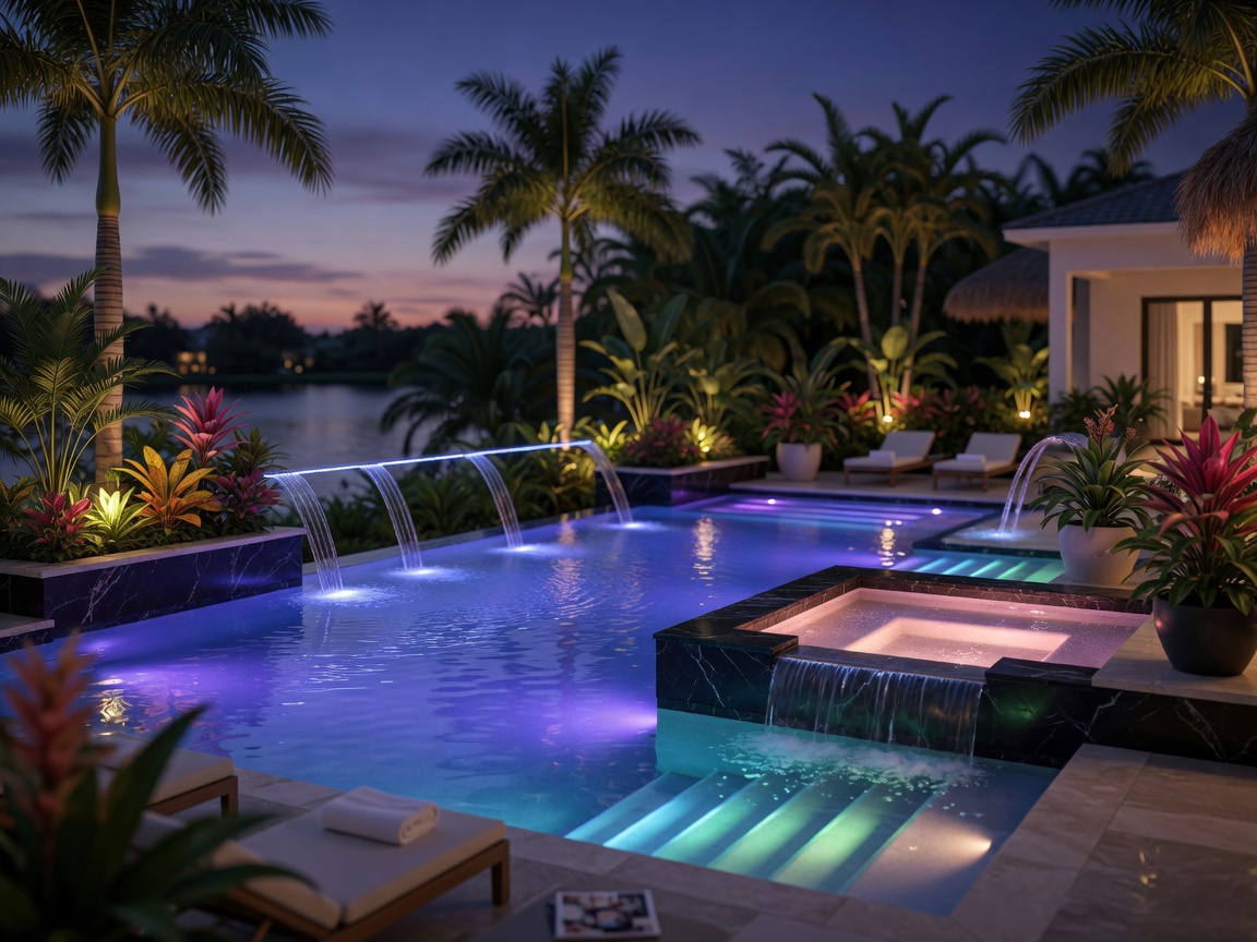Luxurious SWFL pool with spillover spa, laminar water features and LED lighting at twilight, beautiful tropical landscaping with palm trees, ultra-realistic 8K photography