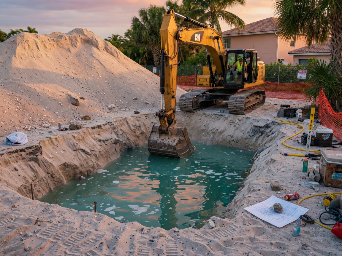 Heavy equipment excavating for a swimming pool in sandy Southwest Florida soil with water visible in the bottom of the hole, construction site realism, 8K detail