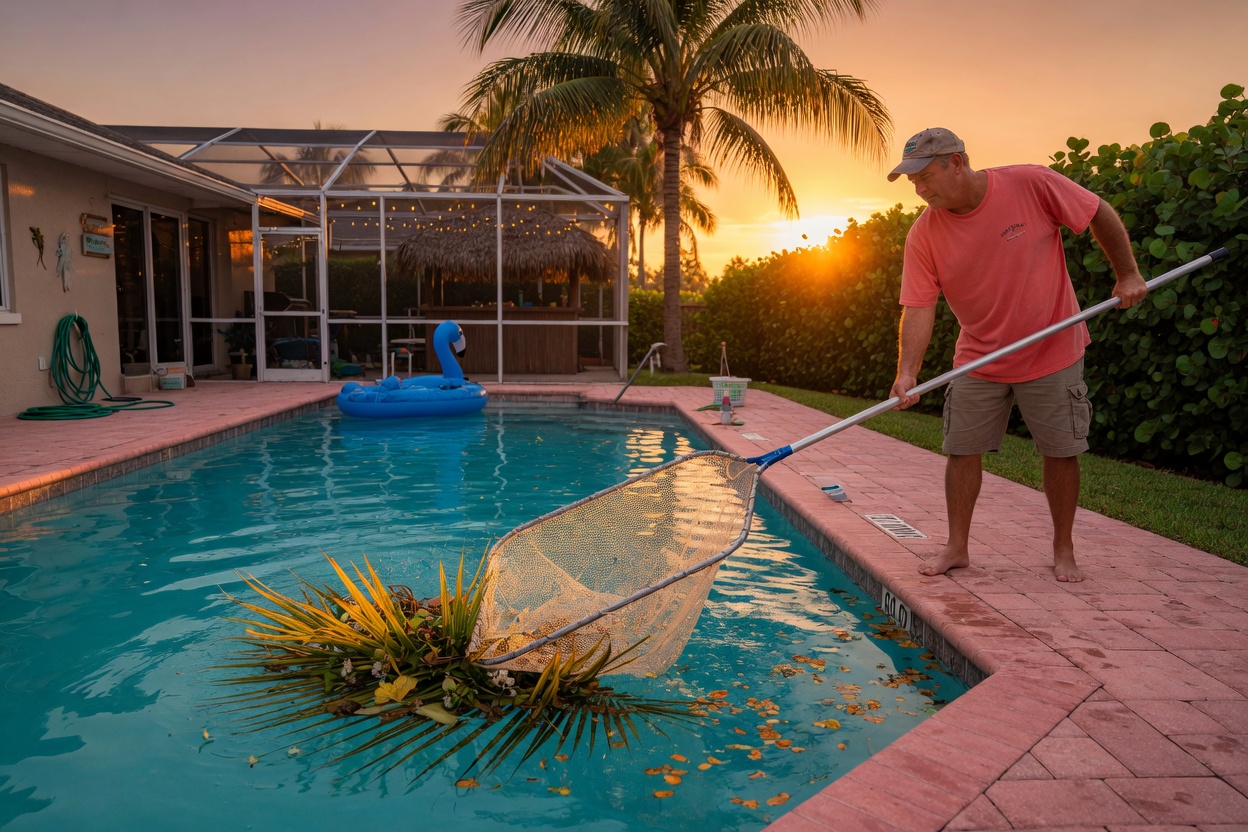 Ultra-realistic 8K image of a homeowner performing weekly skimming of swimming pool surface with net during golden hour in Southwest Florida backyard