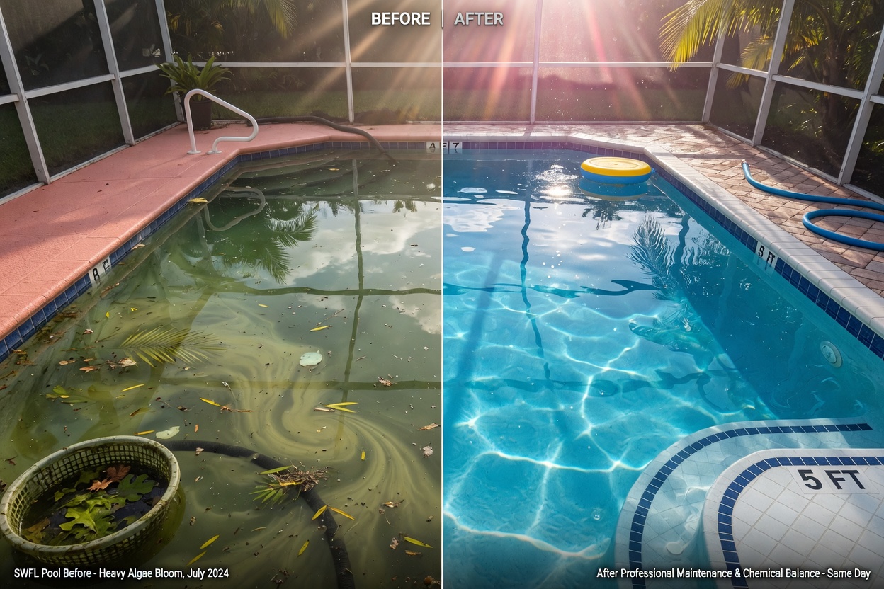 Dramatic ultra-realistic 8K before-and-after split image showing cloudy green pool water on left and crystal clear blue water on right after proper pool maintenance SWFL