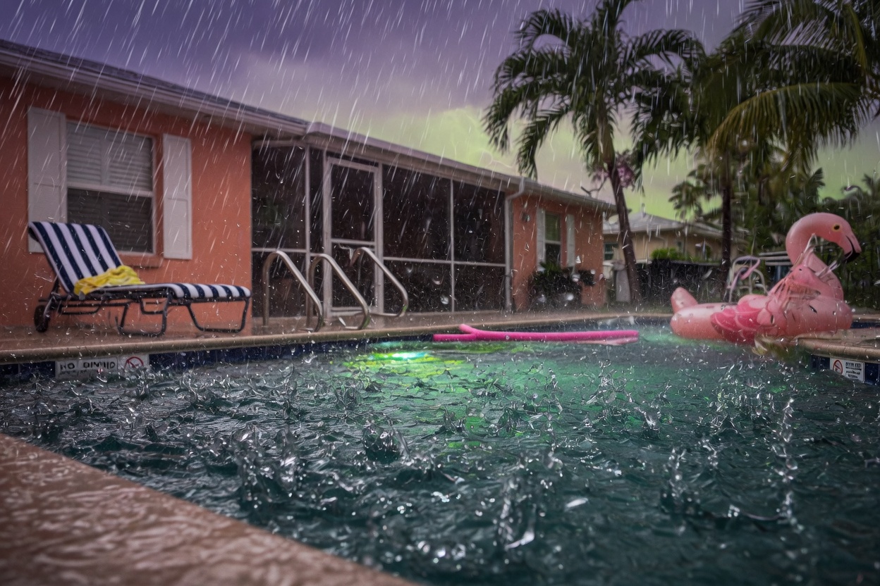 Heavy rain falling on a residential swimming pool in Fort Myers during summer thunderstorm, dramatic water surface disturbance, realistic weather conditions, ultra-detailed 8K