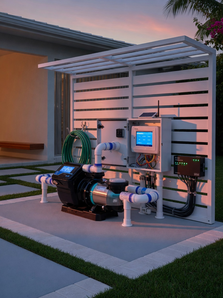 Clean organized pool equipment pad with variable speed pump, automation controller and LED lighting transformer in a modern Southwest Florida home, photorealistic 8K