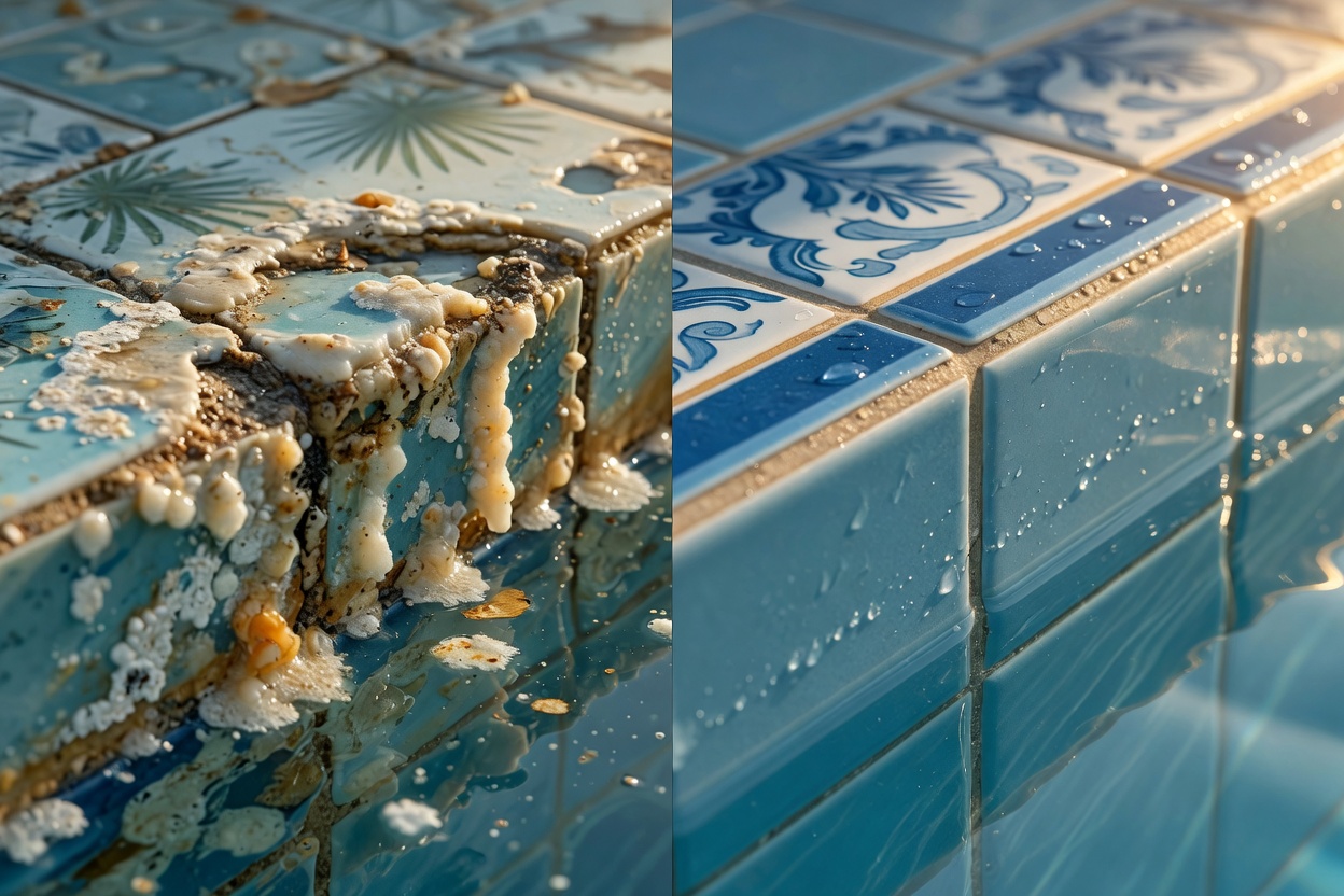 Close-up of calcium scale buildup on pool tile waterline in neglected Naples pool versus clean maintained tile, side-by-side comparison, realistic 8K detail
