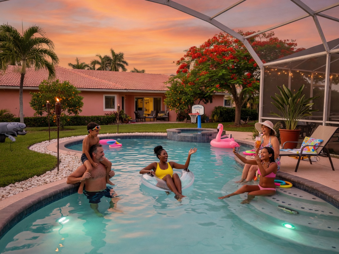 Ultra-realistic 8K lifestyle image of family enjoying a perfectly maintained swimming pool in Fort Myers Florida at sunset, warm ambient lighting, happy atmosphere