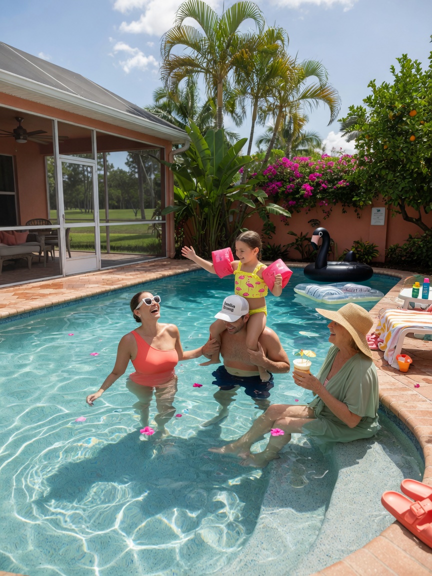 Happy Southwest Florida family enjoying crystal clear swimming pool in their Bonita Springs backyard on a sunny day, natural lighting, lifestyle photography, ultra-realistic 8K
