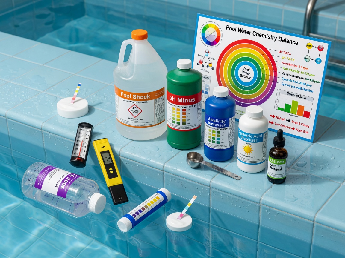 Ultra-detailed 8K technical diagram style image illustrating pool water chemistry balance with floating test instruments and chemical bottles arranged artistically by poolside
