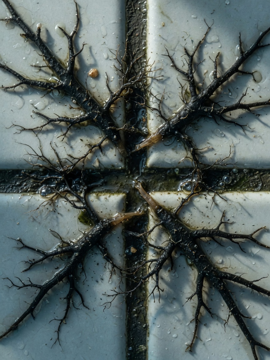 Ultra-realistic 8K image of black algae growing in pool grout lines, extreme macro detail showing root structure, before treatment photography