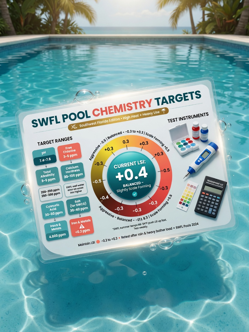 Infographic style but photorealistic image showing pool chemistry targets and LSI scale for SWFL pools, floating in clear pool water with test instruments, clean modern design, 8K