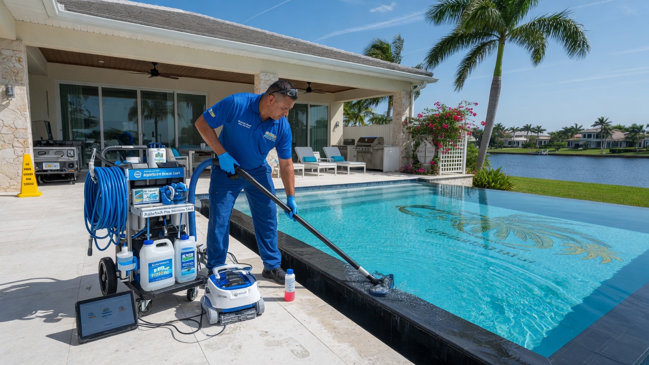 Ultra-realistic 8K wide angle photograph of professional pool technician performing maintenance service on luxury Southwest Florida pool with modern equipment, blue uniform, bright daylight