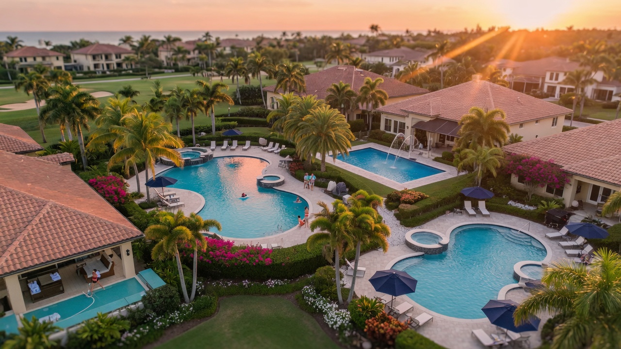 Aerial drone shot of beautiful maintained swimming pool community in Naples Florida during golden hour, multiple pools visible, lush landscaping, ultra-realistic 8K photography