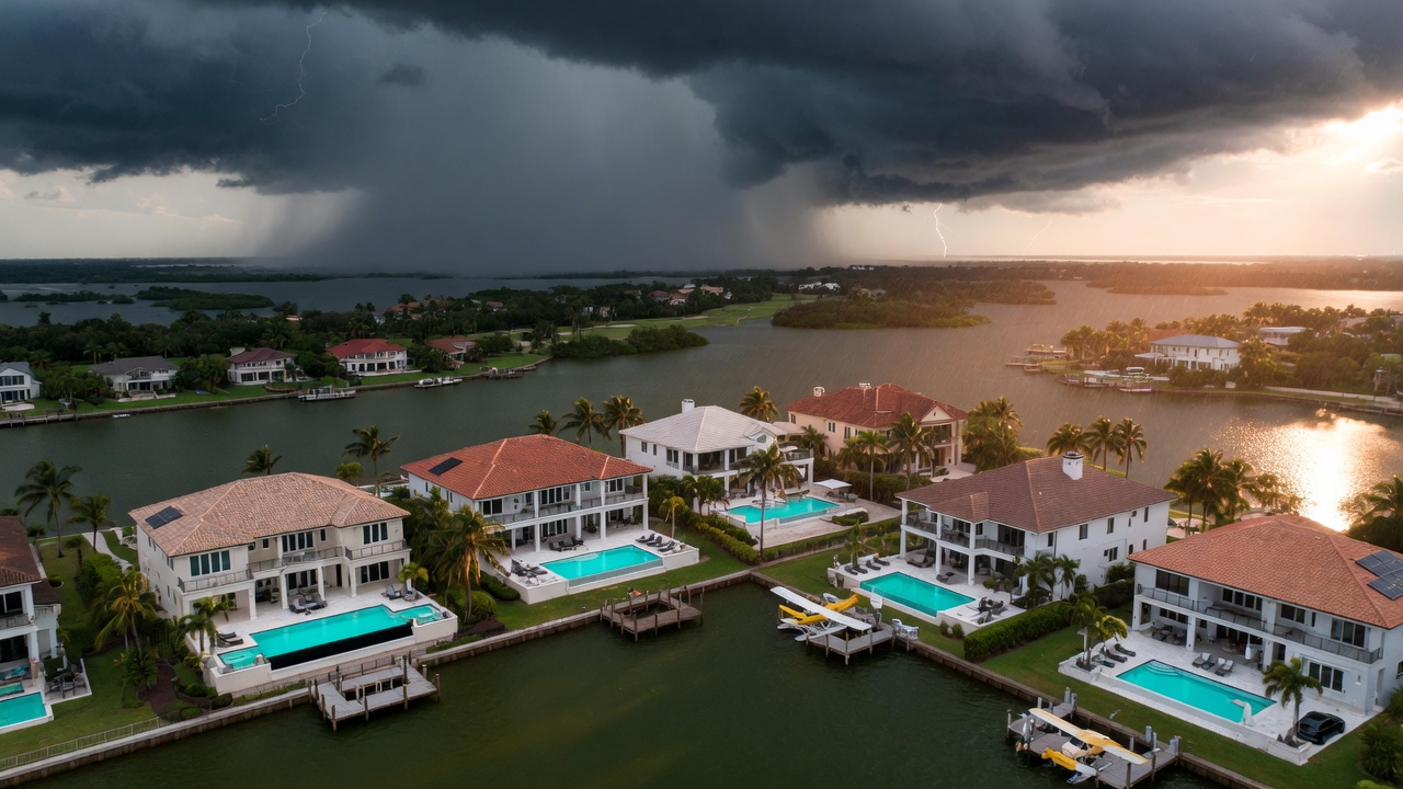 Aerial view of dramatic afternoon thunderstorm approaching luxury waterfront homes with swimming pools in Estero Florida, dark storm clouds contrasting with bright pool water, ultra-realistic 8K