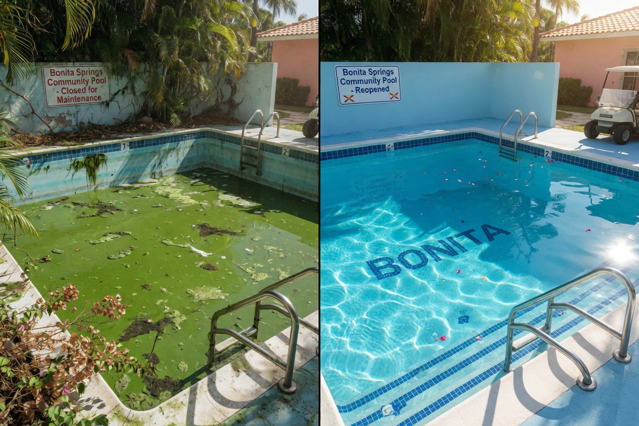 Before and after split image showing green algae-filled pool on left and crystal clear blue pool on right in Bonita Springs Florida, dramatic transformation, ultra-realistic 8K photography