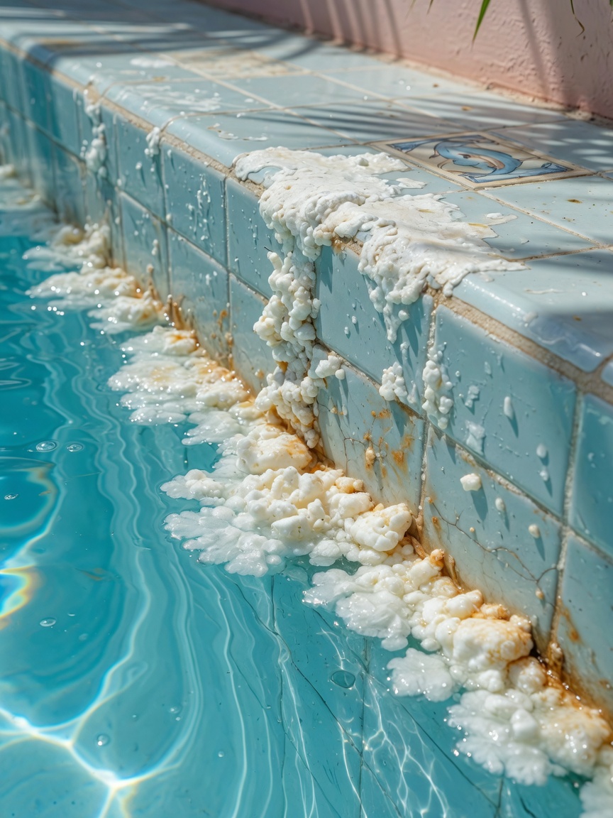 Ultra-realistic 8K image showing calcium scaling on pool tile waterline in a Fort Myers home pool, extreme close-up detail showing white deposits, bright sunlight