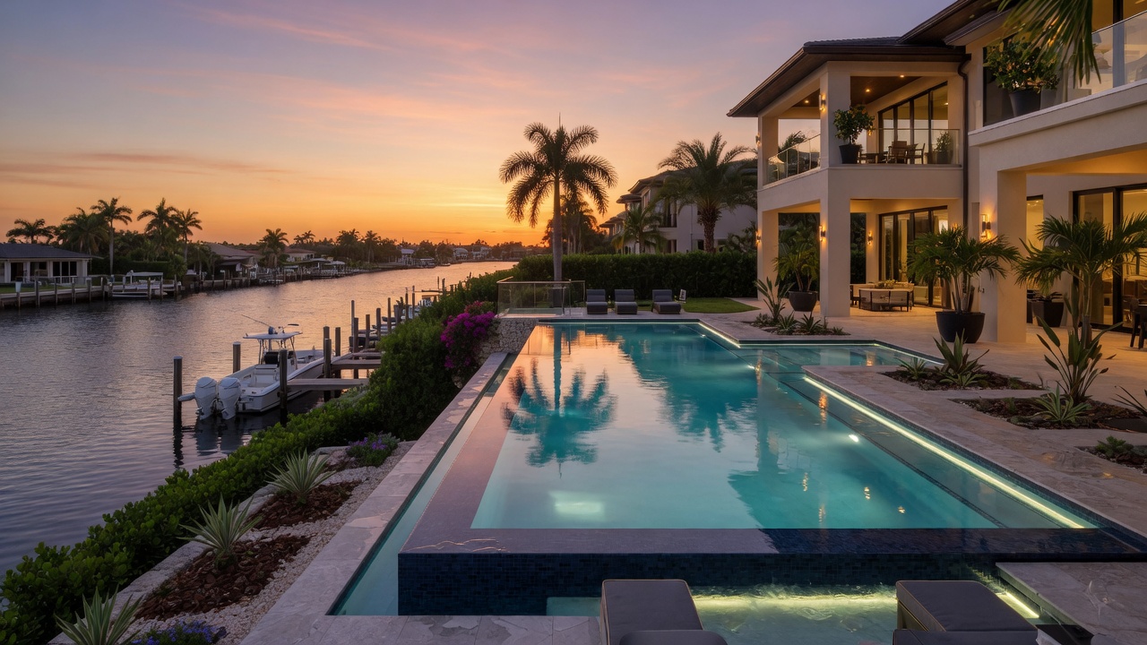 Ultra-realistic 8K photograph of a luxurious contemporary custom swimming pool with infinity edge overlooking a Cape Coral canal at sunset, crystal clear water, elegant lighting, modern landscaping, South Florida luxury home in background, golden hour lighting, highly detailed
