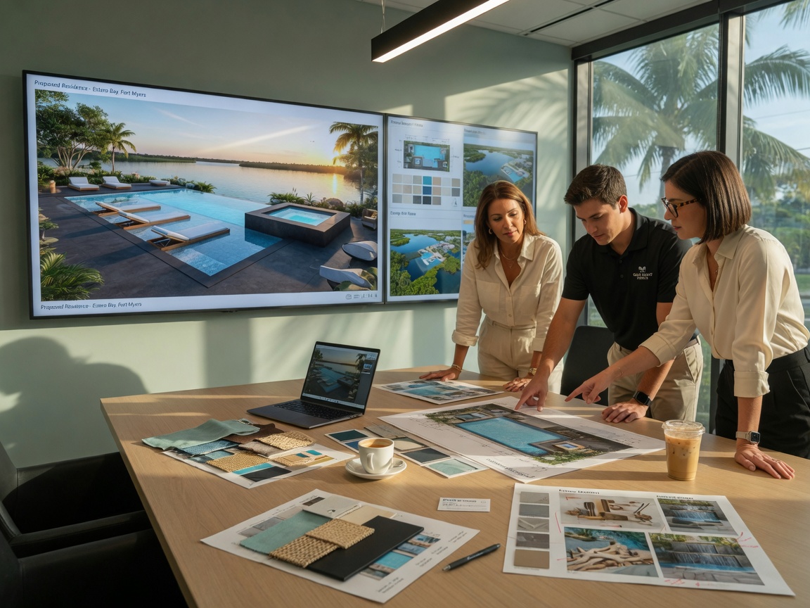 Professional 8K image of a custom pool design meeting in a modern office in Fort Myers, 3D renderings on large monitor, clients and designers discussing plans, coffee and mood boards on table