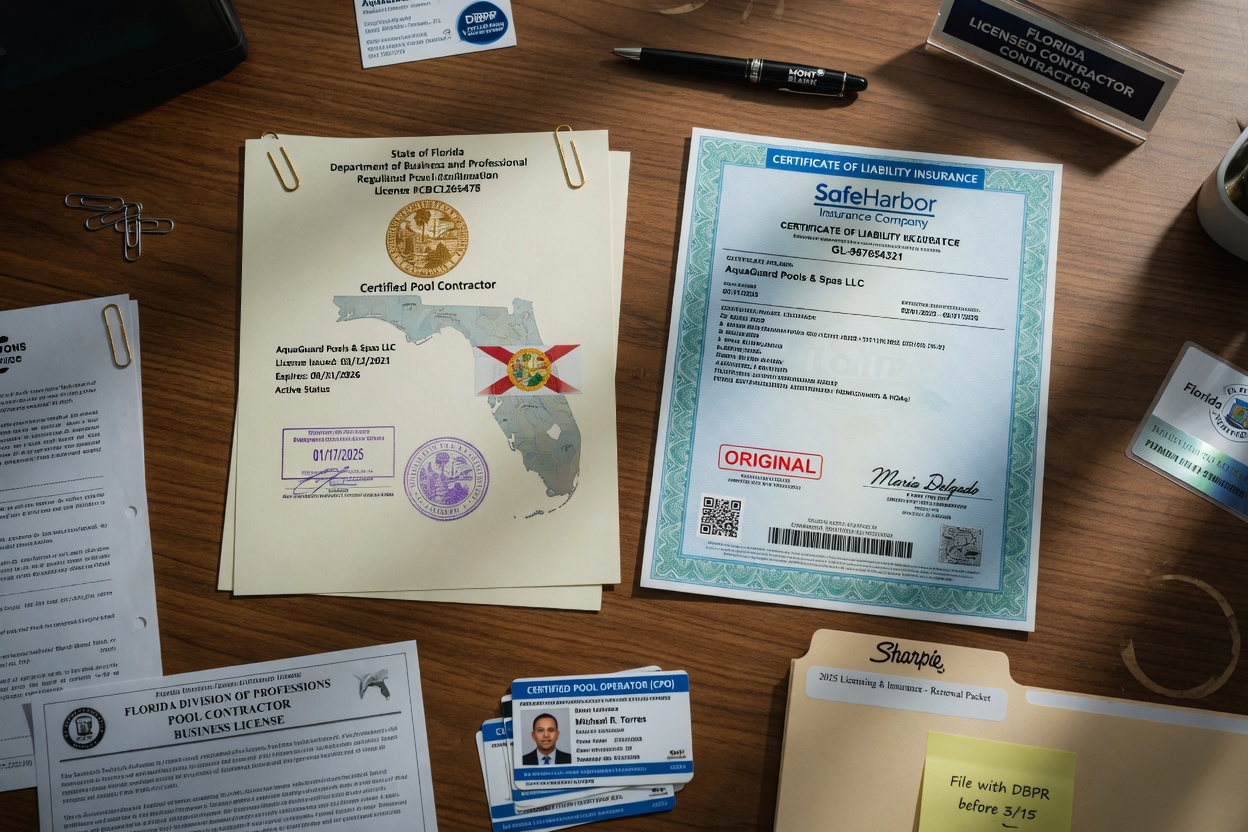 Ultra-detailed 8K image of a pool company insurance and licensing documents displayed professionally on a wooden desk with Florida DBPR certification, liability insurance certificates, and company credentials