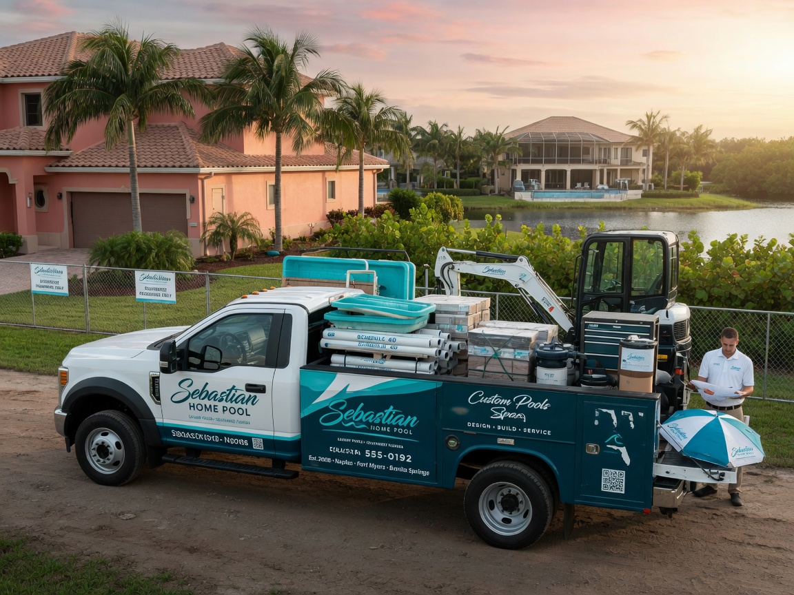 Professional 8K image of Sebastian Home Pool company branding and truck at a job site in Southwest Florida, clean professional appearance, equipment loaded, beautiful residential neighborhood background