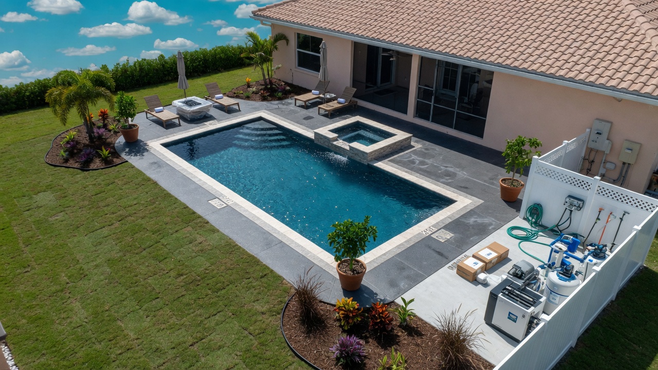 Ultra-realistic 8K aerial view of a newly constructed custom pool installation in a Fort Myers backyard, showing proper setback from home, beautiful decking, landscaping, swimming pool equipment area, sunny Florida day