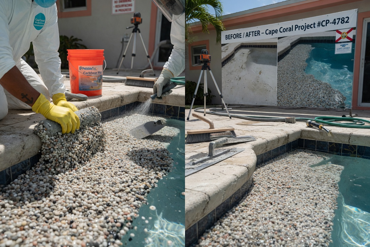 Hyper-realistic 8K close-up of premium pool resurfacing process in progress in Cape Coral, showing application of new pebble finish, professional tools and workers, before and after comparison visible, bright natural lighting