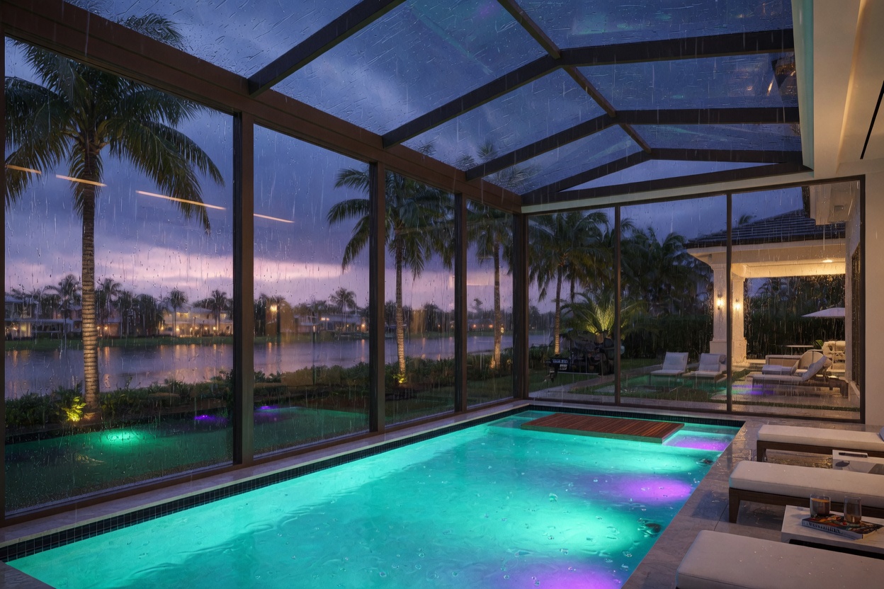 Cinematic 8K image of a contemporary pool enclosure on a luxury home in Naples Florida during a rainstorm, showing protection while maintaining beautiful views, interior pool lighting glowing, dramatic atmosphere
