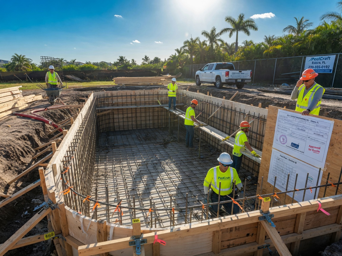 Ultra-realistic 8K photo of a pool construction site in Estero Florida showing proper steel reinforcement and forms before gunite application, engineering stamps visible, professional crew working, sunny day