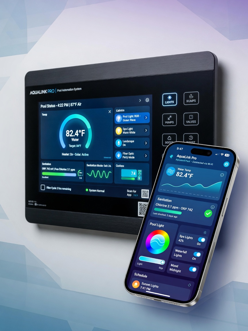 Hyper-detailed 8K image of a complete pool automation control panel with smartphone app interface displayed, showing temperature, sanitation levels, lighting controls, modern minimalist design, soft lighting