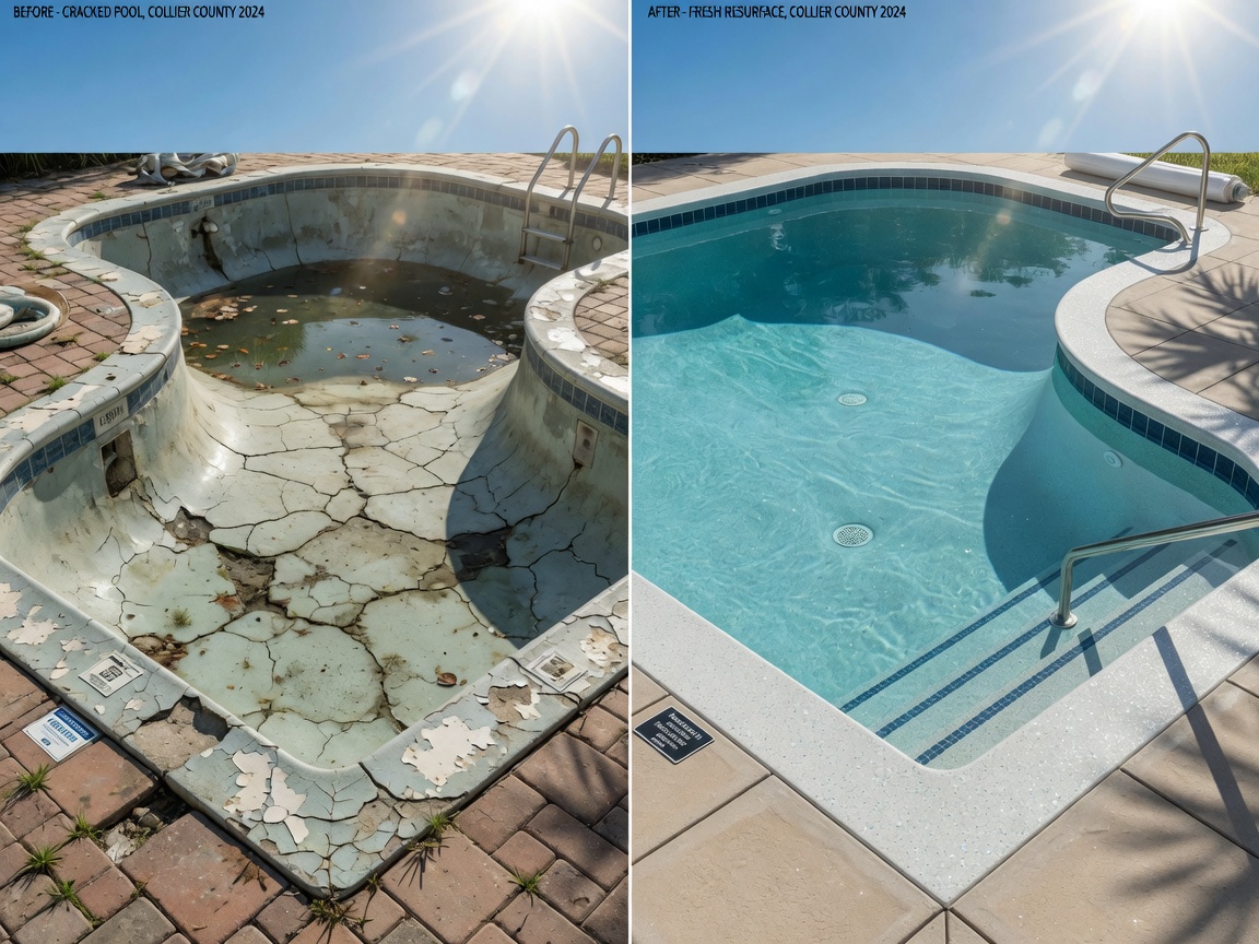 Ultra-realistic 8K photograph comparing two pools side by side: one with faded cracked surface and another with fresh beautiful resurfacing in Collier County, dramatic before and after, bright Florida sunlight